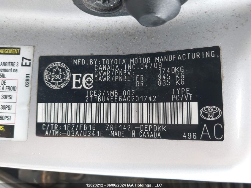 2010 Toyota Corolla VIN: 2T1BU4EE6AC201742 Lot: 12023212