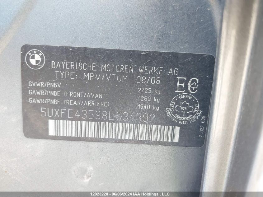 2008 BMW X5 VIN: 5UXFE43598L034392 Lot: 12023220