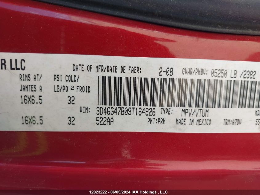 2009 Dodge Journey Se VIN: 3D4GG47B09T164926 Lot: 12023222