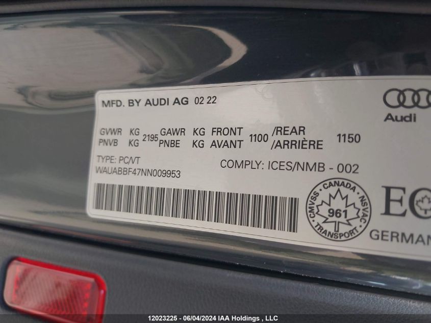 2022 Audi A4 Premium 40 VIN: WAUABBF47NN009953 Lot: 12023225