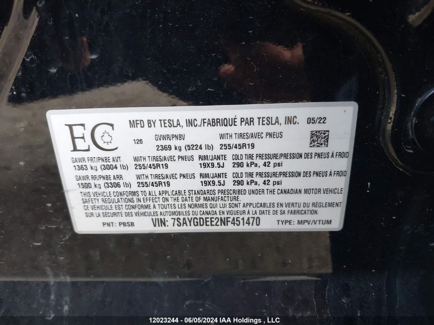 2022 Tesla Model Y VIN: 7SAYGDEE2NF451470 Lot: 12023244