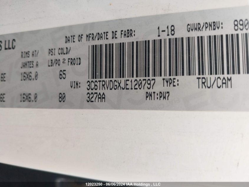 2018 Ram Promaster 2500 High Roof VIN: 3C6TRVDGXJE120797 Lot: 12023250