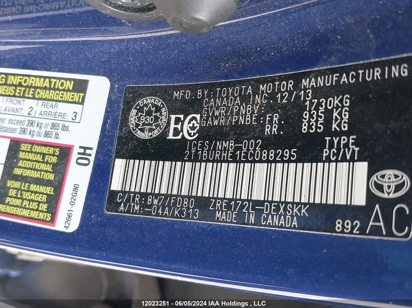 2014 Toyota Corolla S VIN: 2T1BURHE1EC088295 Lot: 12023251