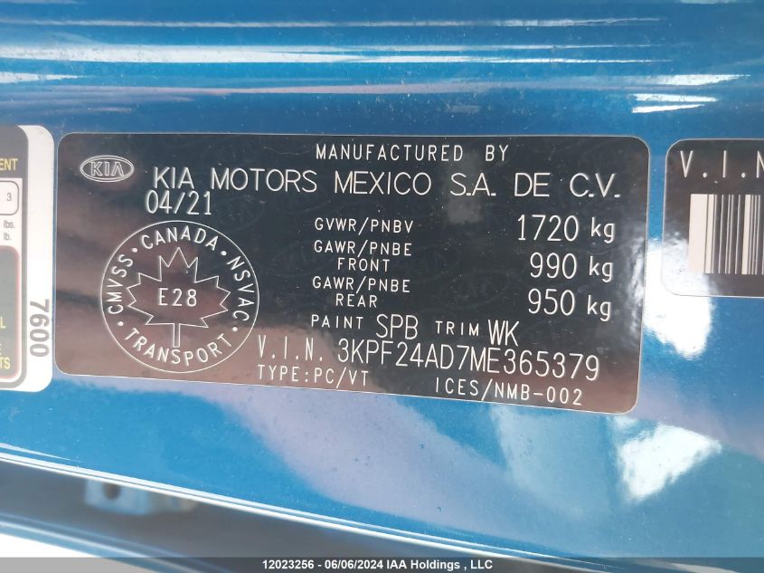 2021 Kia Forte VIN: 3KPF24AD7ME365379 Lot: 12023256