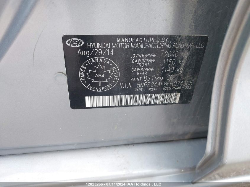 2015 Hyundai Sonata Gls VIN: 5NPE24AF8FH074305 Lot: 12023266