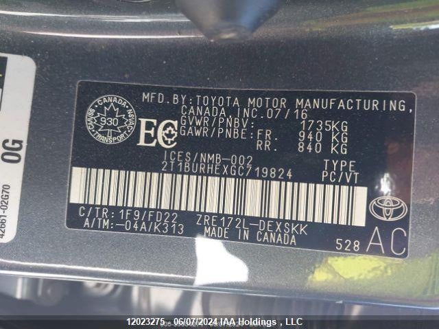 2016 Toyota Corolla L/Le/Le Pls/Prm/S/S Pls VIN: 2T1BURHEXGC719824 Lot: 12023275