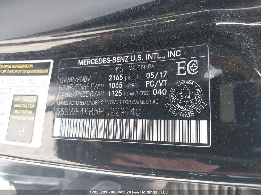 2017 Mercedes-Benz C 300 4Matic VIN: 55SWF4KB5HU229140 Lot: 12023281