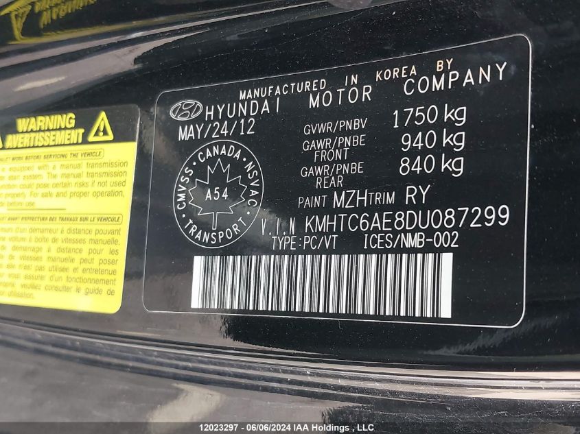 2013 Hyundai Veloster Turbo VIN: KMHTC6AE8DU087299 Lot: 12023297