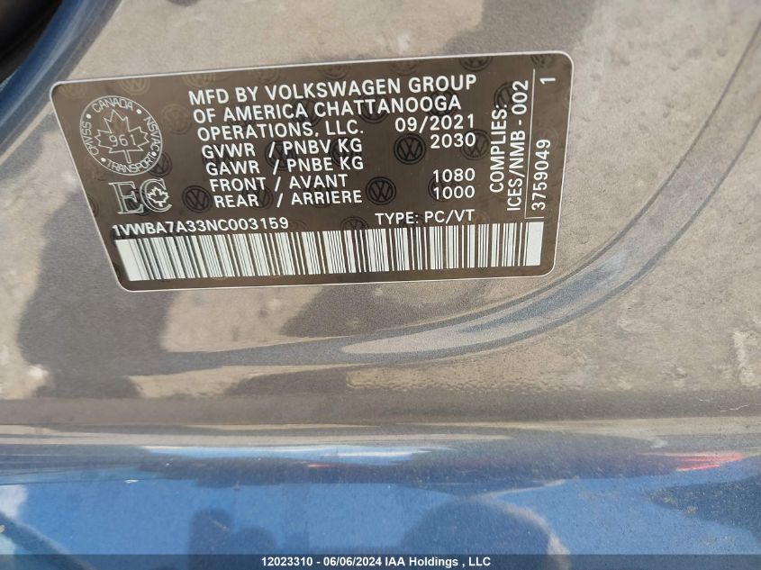2022 Volkswagen Passat Limited Edition VIN: 1VWBA7A33NC003159 Lot: 12023310