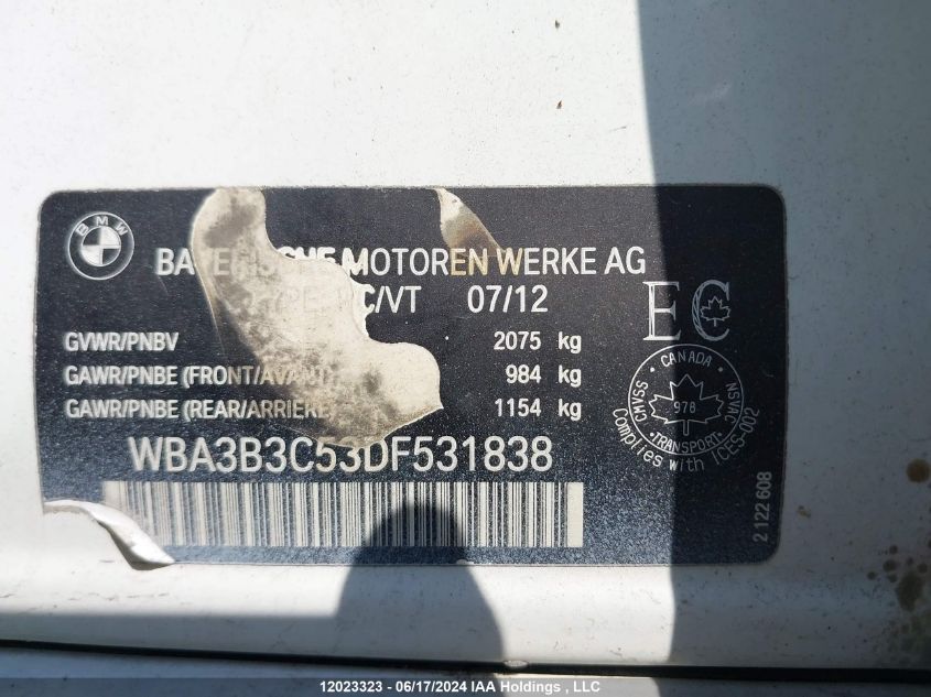 2013 BMW 3 Series VIN: WBA3B3C53DF531838 Lot: 12023323