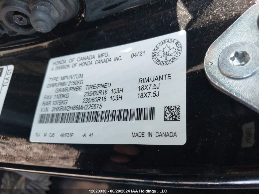 2021 Honda Cr-V VIN: 2HKRW2H86MH225575 Lot: 12023338