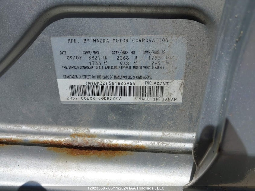 2008 Mazda Mazda3 VIN: JM1BK32F581825964 Lot: 12023350