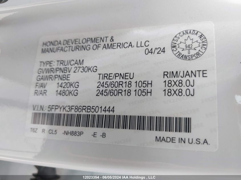 2024 Honda Ridgeline VIN: 5FPYK3F86RB501444 Lot: 12023354