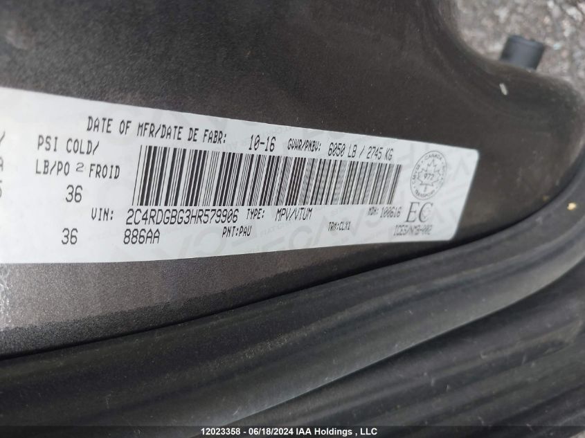 2017 Dodge Grand Caravan Cvp/Sxt VIN: 2C4RDGBG3HR579906 Lot: 12023358