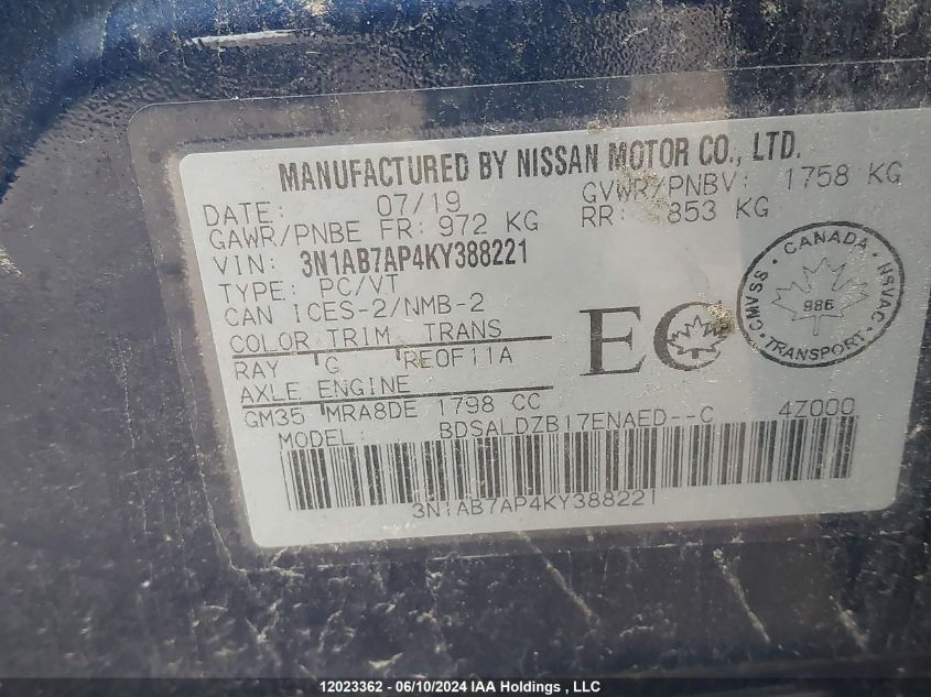 2019 Nissan Sentra VIN: 3N1AB7AP4KY388221 Lot: 12023362