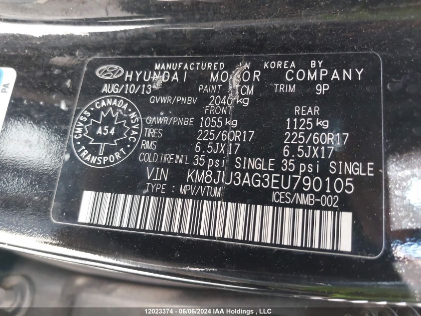 2014 Hyundai Tucson Gls/Limited/Se VIN: KM8JU3AG3EU790105 Lot: 12023374