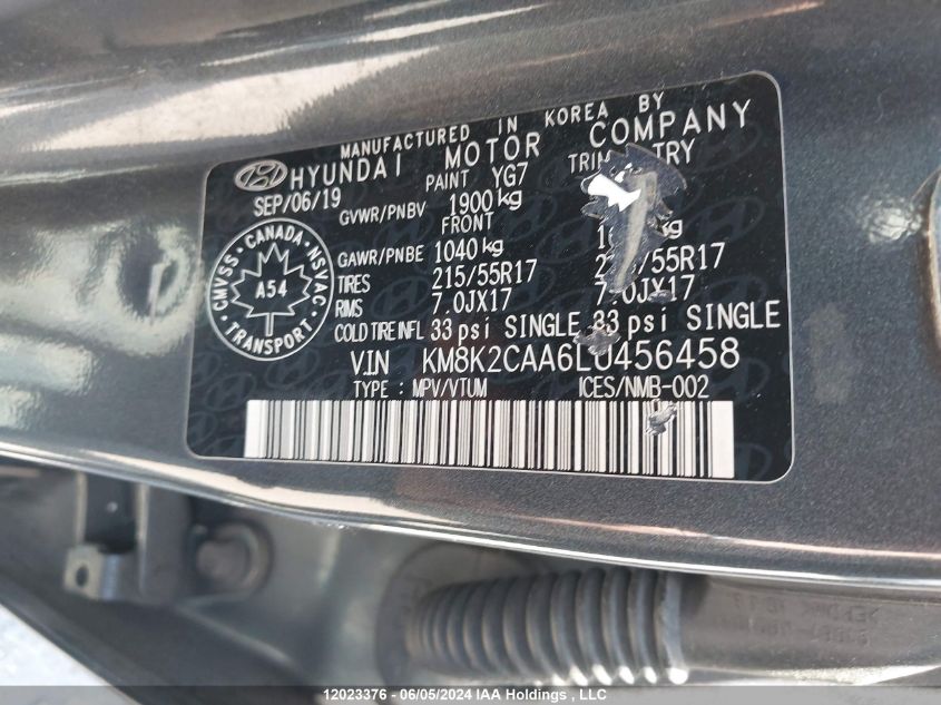 2020 Hyundai Kona VIN: KM8K2CAA6LU456458 Lot: 12023376