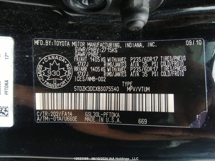 2011 Toyota Sienna VIN: 5TDZK3DCXBS075540 Lot: 12023385