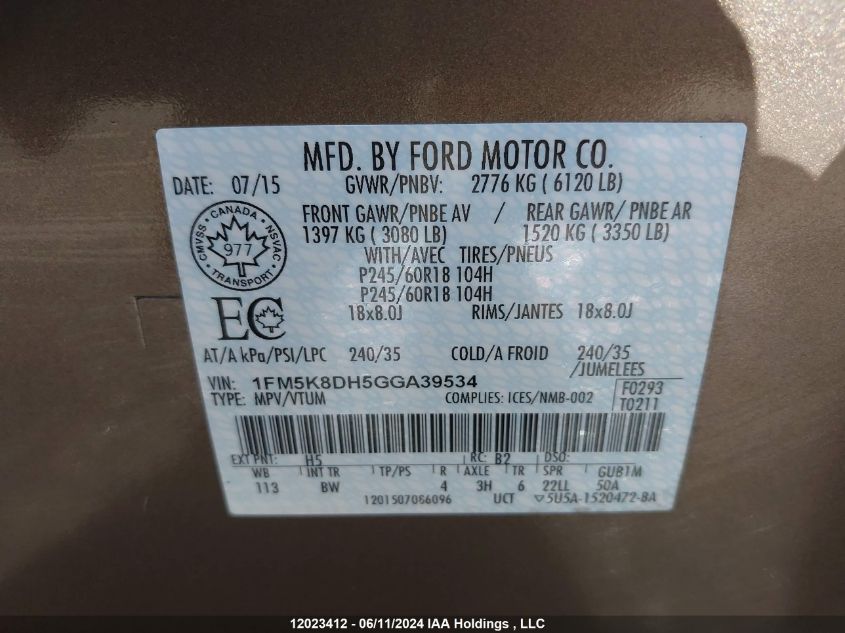 2016 Ford Explorer Xlt VIN: 1FM5K8DH5GGA39534 Lot: 12023412