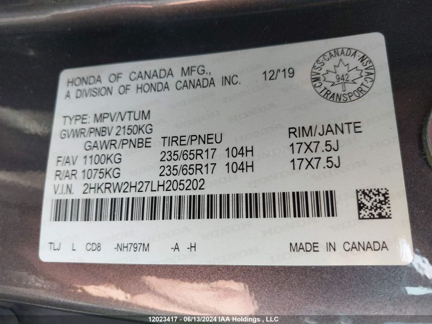 2020 Honda Cr-V Lx VIN: 2HKRW2H27LH205202 Lot: 12023417