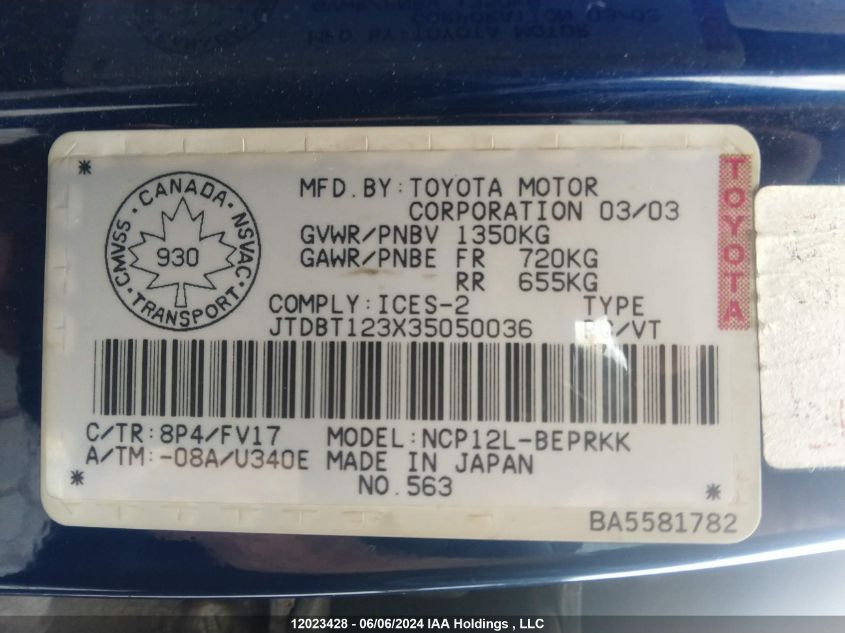 2003 Toyota Echo VIN: JTDBT123X35050036 Lot: 12023428