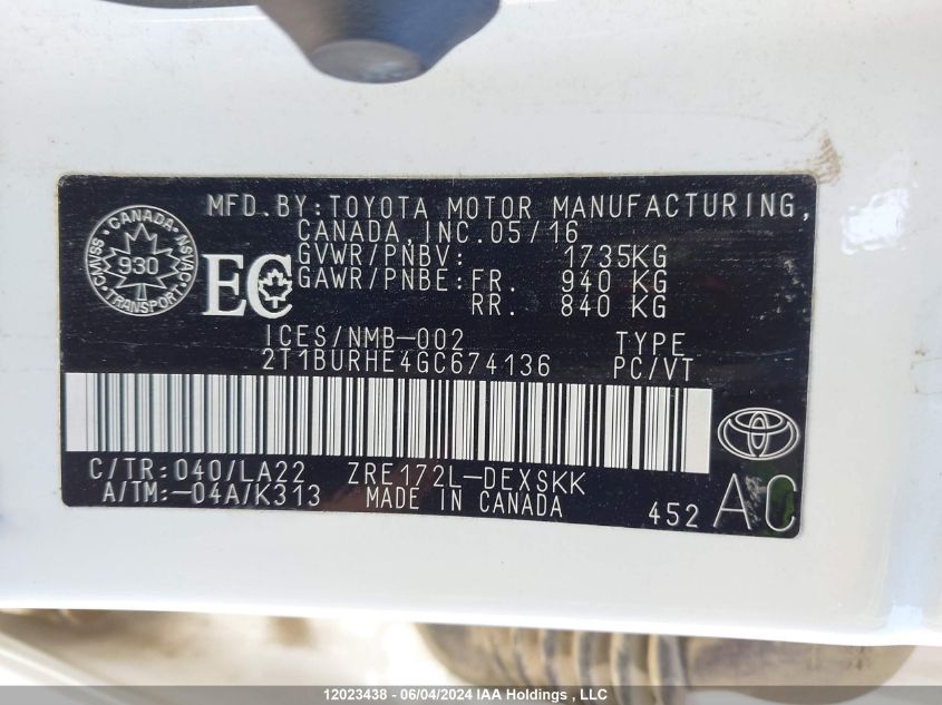 2016 Toyota Corolla Le VIN: 2T1BURHE4GC674136 Lot: 12023438