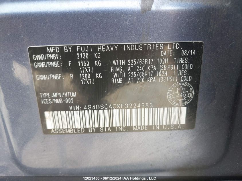 2015 Subaru Outback 2.5I VIN: 4S4BSCACXF3224683 Lot: 12023450