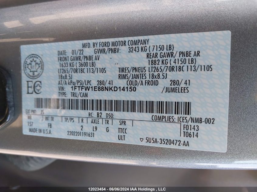 2022 Ford F-150 Xlt VIN: 1FTFW1E88NKD14150 Lot: 12023454