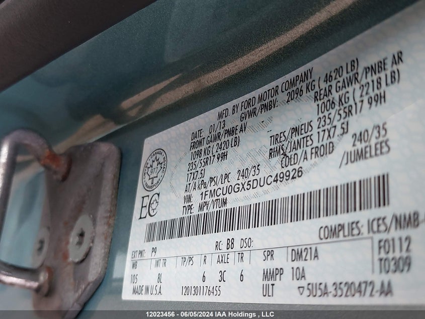 2013 Ford Escape Se VIN: 1FMCU0GX5DUC49926 Lot: 12023456