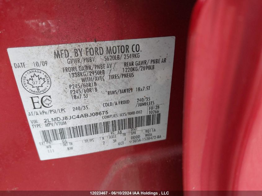 2010 Lincoln Mkx VIN: 2LMDJ8JC4ABJ08675 Lot: 12023467