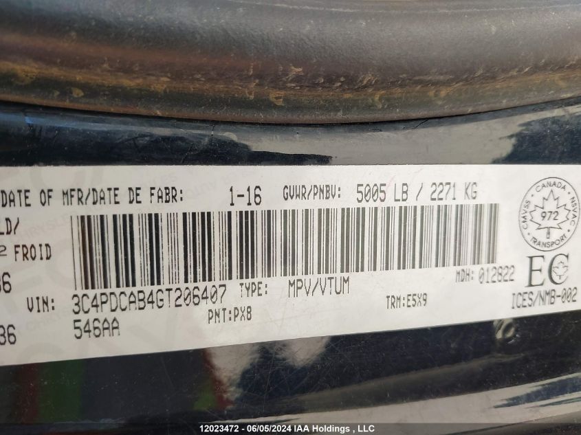 2016 Dodge Journey Cvp/Se Plus VIN: 3C4PDCAB4GT206407 Lot: 12023472