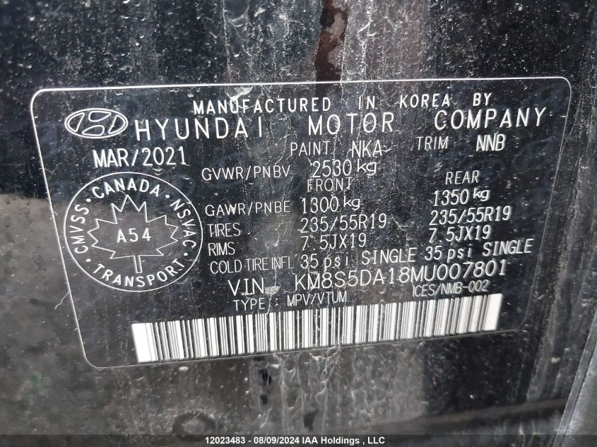 2021 Hyundai Santa Fe Limited VIN: KM8S5DA18MU007801 Lot: 12023483