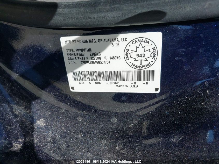 2006 Honda Odyssey VIN: 5FNRL38616B507704 Lot: 12023495