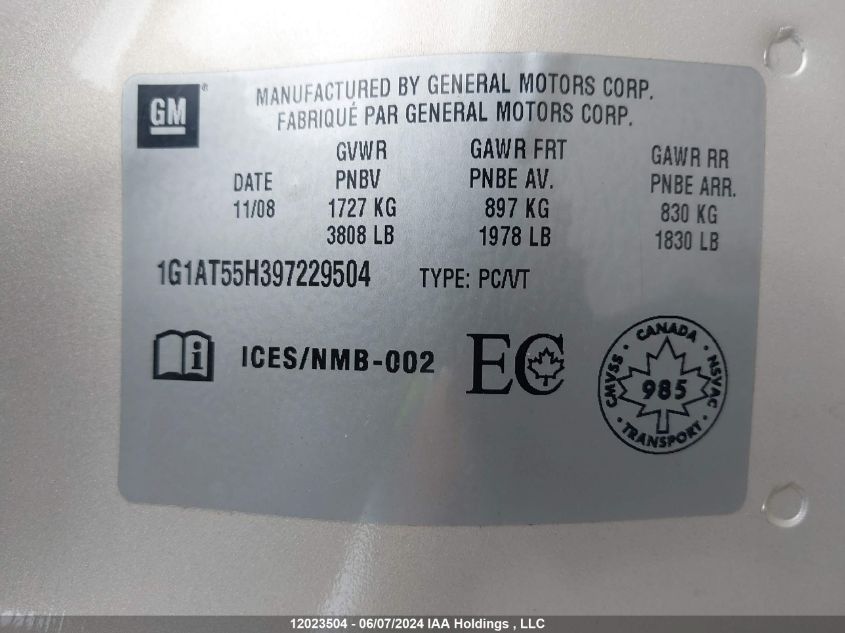 2009 Chevrolet Cobalt VIN: 1G1AT55H397229504 Lot: 12023504