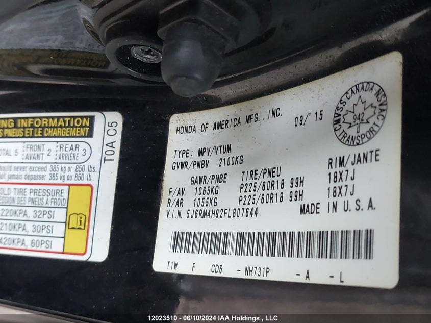 2015 Honda Cr-V Touring VIN: 5J6RM4H92FL807644 Lot: 12023510