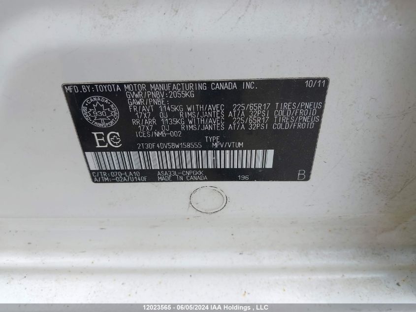 2011 Toyota Rav4 Limited VIN: 2T3DF4DV5BW158555 Lot: 12023565