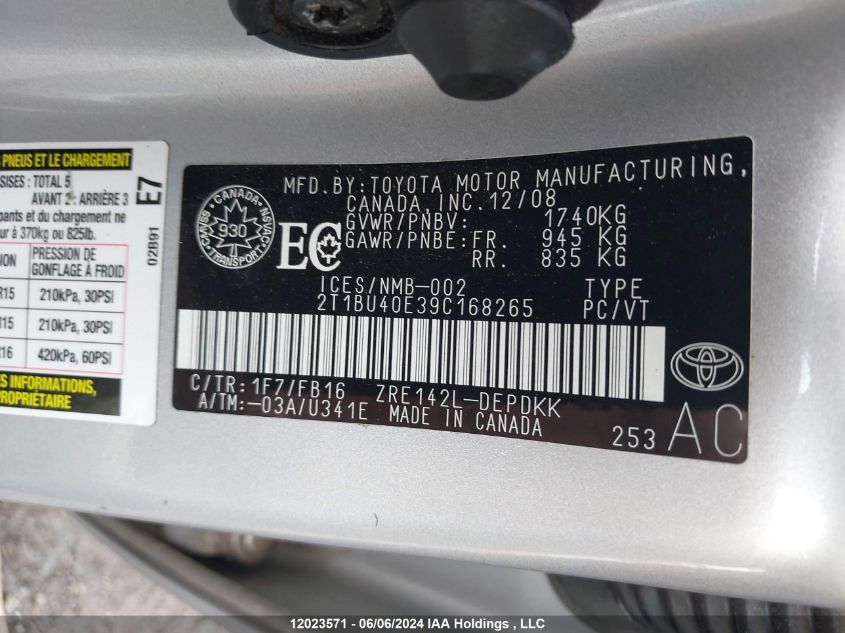 2009 Toyota Corolla S/Le/Xle VIN: 2T1BU40E39C168265 Lot: 12023571