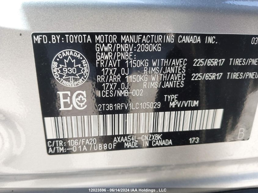 2020 Toyota Rav4 Le VIN: 2T3B1RFV1LC105029 Lot: 12023596