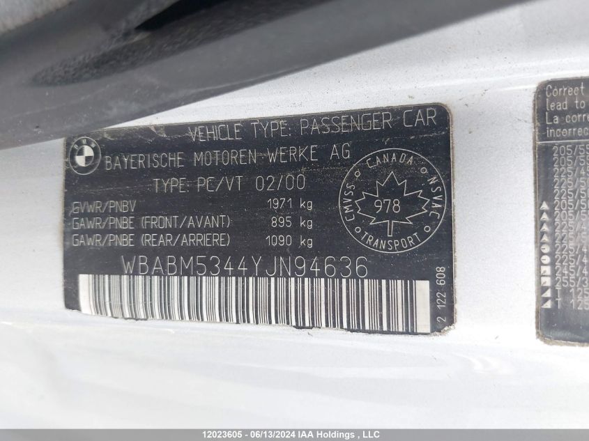 2000 BMW 3 Series VIN: WBABM5344YJN94636 Lot: 12023605