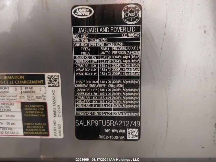 2024 Land Rover Range Rover VIN: SALKP9FU5RA212749 Lot: 12023609