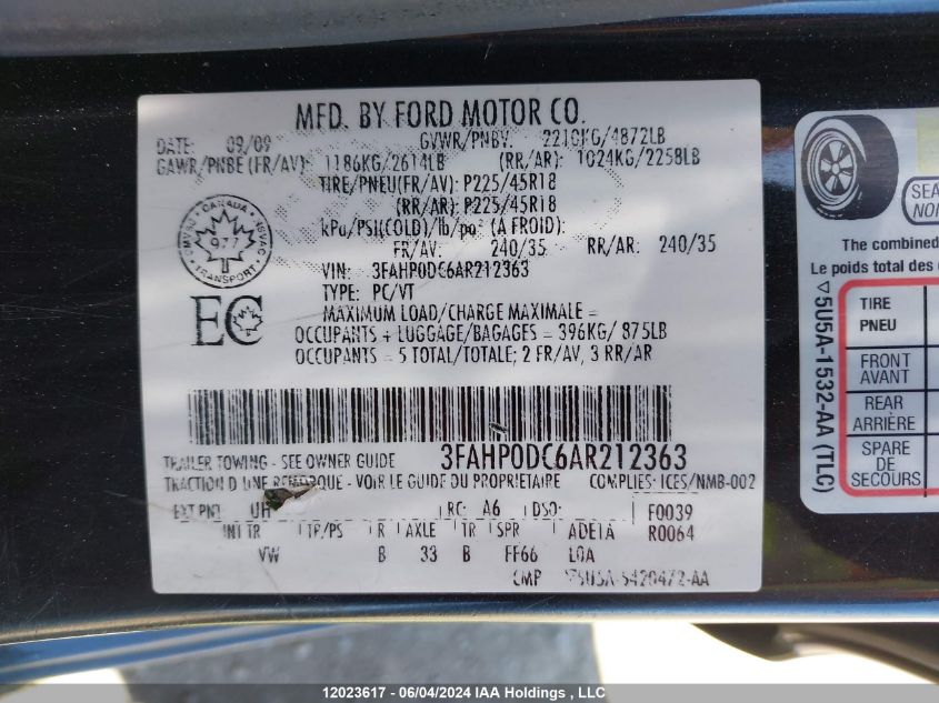 2010 Ford Fusion Sport VIN: 3FAHP0DC6AR212363 Lot: 12023617