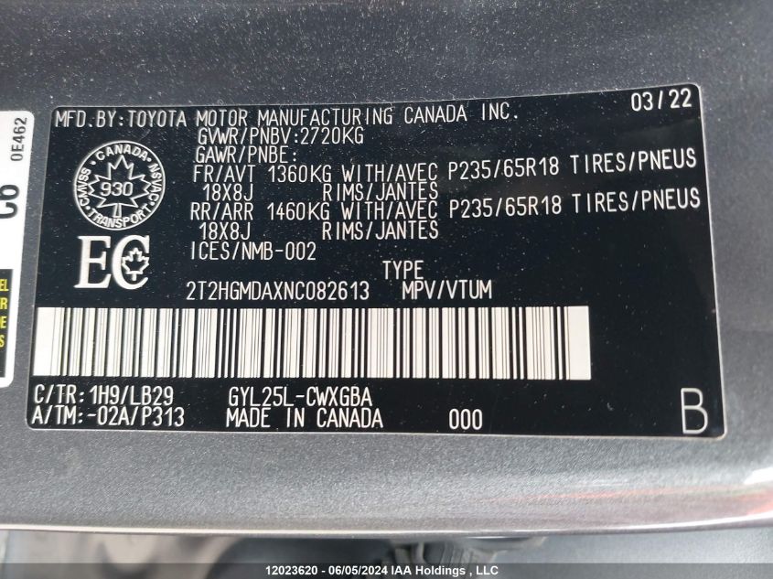 2022 Lexus Rx 450H VIN: 2T2HGMDAXNC082613 Lot: 12023620