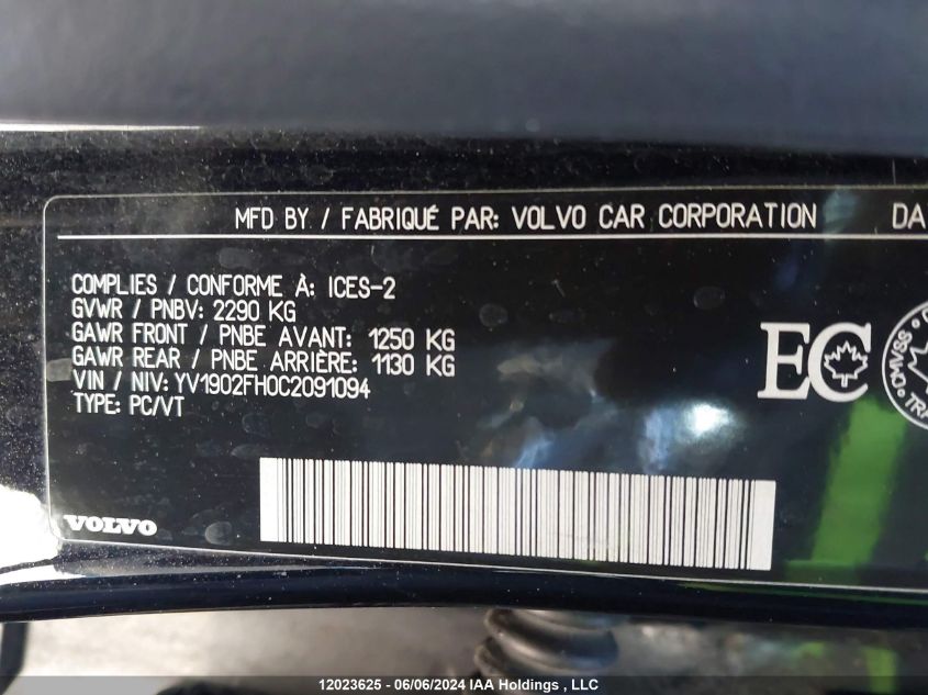 2012 Volvo S60 VIN: YV1902FH0C2091094 Lot: 12023625