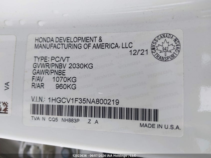 2022 Honda Accord Sedan VIN: 1HGCV1F35NA800219 Lot: 12023636