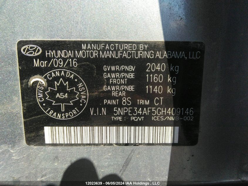 2016 Hyundai Sonata Sport/Limited VIN: 5NPE34AF5GH409146 Lot: 12023639