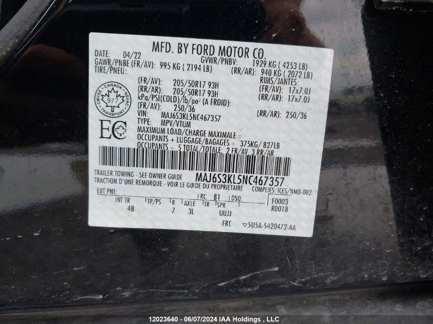 2022 Ford Ecosport VIN: MAJ6S3KL5NC467357 Lot: 12023640