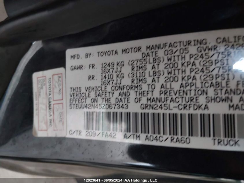 2005 Toyota Tacoma Base V6 VIN: 5TEUU42N45Z067343 Lot: 12023641