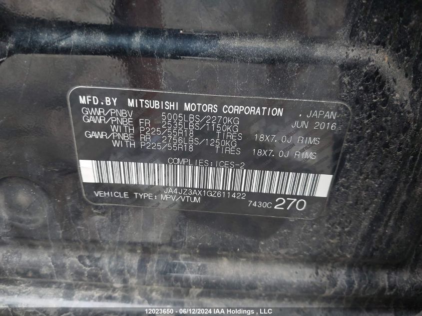 2016 Mitsubishi Outlander VIN: JA4JZ3AX1GZ611422 Lot: 12023650