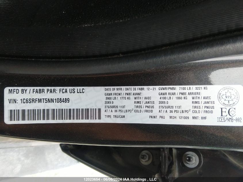 2022 Ram 1500 Big Horn VIN: 1C6SRFMT5NN108489 Lot: 12023654