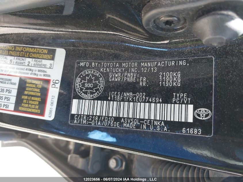 2014 Toyota Camry Le/Se/Xle VIN: 4T1BF1FK1EU774694 Lot: 12023656